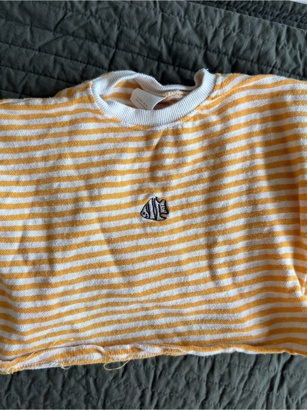Zara Yellow & White Striped Short Sleeve Tee with Fish Patch